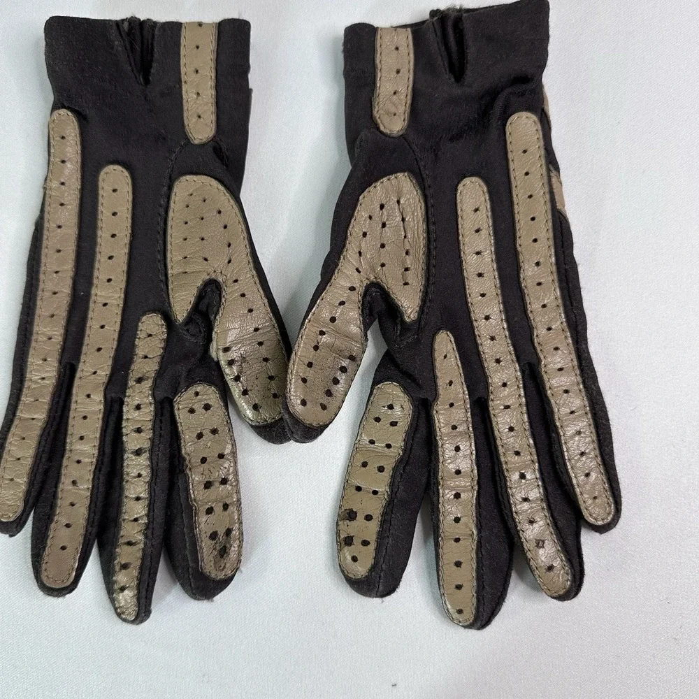 Vintage Isotoner by Aris Driving Gloves Leather Trim OS Brown Tan *Wear SEE PICS - Picture 2 of 5